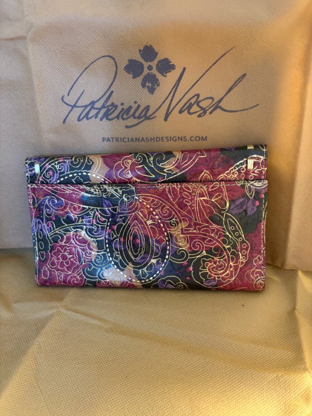 Patricia Nash Terresa Leather Trifold Wallet Metallic Gold Paisley - Picture 2 of 6